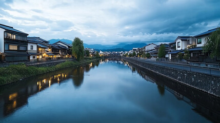 Soft Moonlight Reflection Over Misty Dusk Horizon in Kyoto