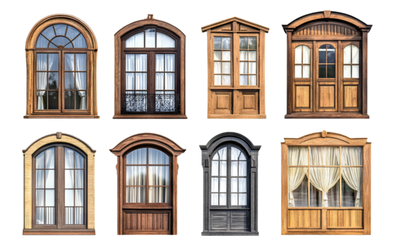 Set of different windows isolated on transparent cutout background
