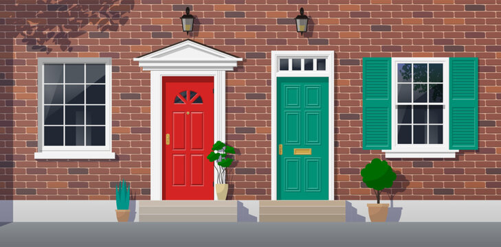 brick house facade with two doors and windows duplex apartments exterior vector illustration