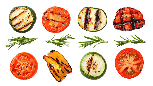 Set of grilled vegetables with herbs, isolated on transparent cutout background