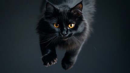 Furry black cat in mid-leap, agile and graceful, piercing yellow eyes shining with intensity, dynamic movement captured in vibrant detail, showcasing feline energy and elegance