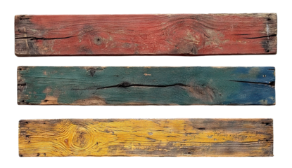 Set of old painted wooden boards in various colors, isolated on transparent cutout background