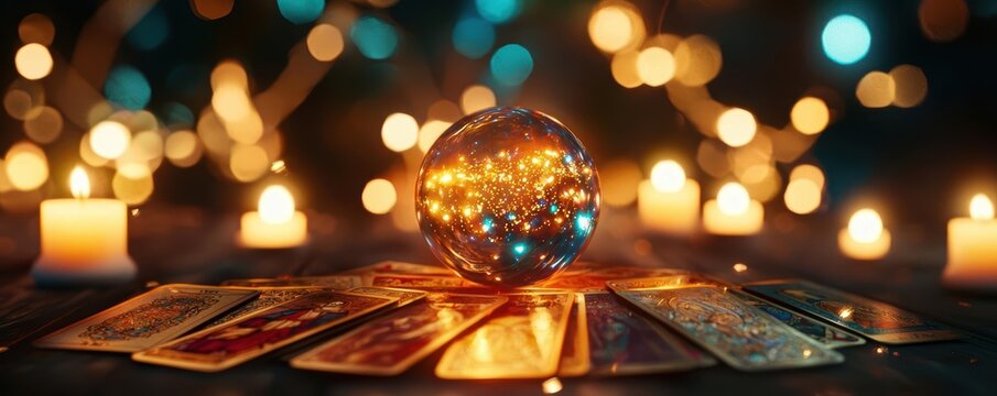 A mystical crystal ball surrounded by tarot cards and glowing candles, creating an enchanting atmosphere.