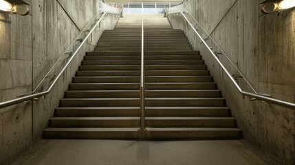 Obraz premium Stairwell: A wide staircase constructed of concrete or metal, connecting various exits and platforms, often displaying signs for accessible streets and transit lines. 
