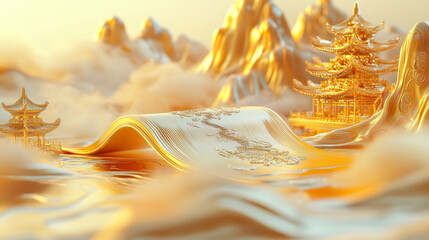 A golden scroll with Chinese landscape patterns, surrounded by golden mountains and rivers, chinese style wallpaper