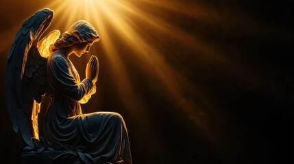 A serene angel statue in prayer, illuminated by a divine light, symbolizing peace and spirituality.