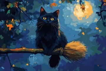 Black Cat on a Broom Under a Full Moon.