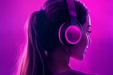 Woman in a vibrant pink and purple lit space wearing glowing headphones symbolizing sound immersion modern technology and creative digital experiences
