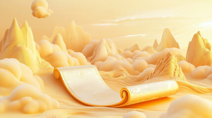 A golden scroll with Chinese landscape patterns, surrounded by golden mountains and rivers, chinese style wallpaper