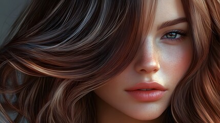 Obraz premium Layered medium-length hair with feathered ends, hyper real, high quality, sharp images, graphic, illustration