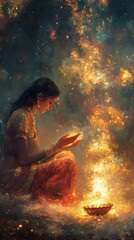 Naklejka premium A woman in traditional clothing meditates by a glowing light