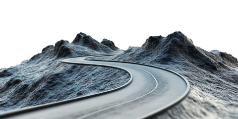 Winding asphalt road through snowy mountains, isolated on transparent cutout background