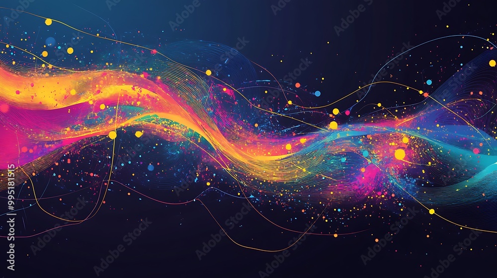 Poster Abstract digital art with colorful waves and particles.