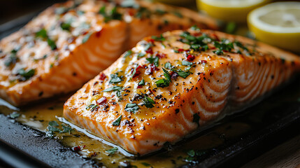 Juicy salmon fillet with a crispy skin, served with a lemon butter sauce, light and flavorful.