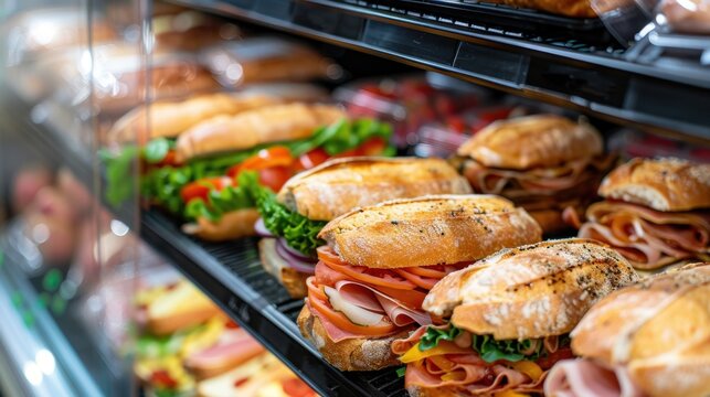 Sandwiches: Ready-to-eat sandwiches stored in the refrigerated section, providing quick meal options such as turkey, ham, or vegetarian selections.
