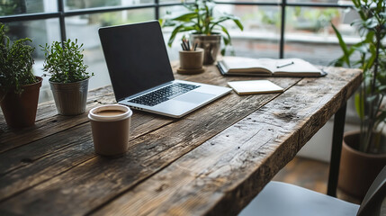 Fototapeta premium Cozy Home Office with Laptop, Coffee, and Plants on a Rustic Wooden Desk