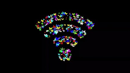 Wifi symbol with colorful butterflies on plain black background
