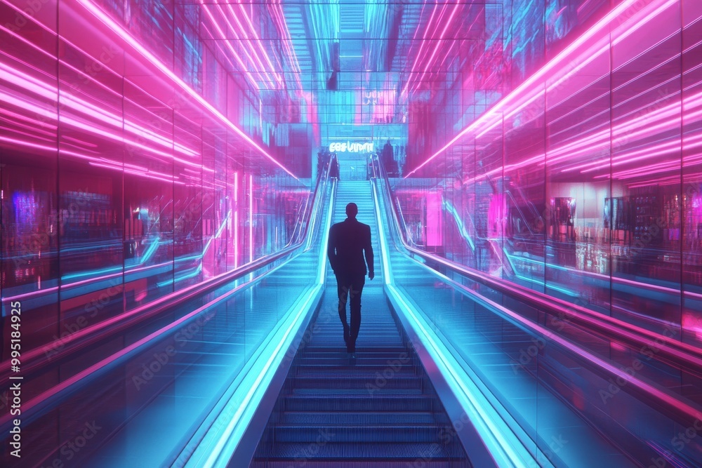 Poster A man is walking down a long escalator in a neon colored building