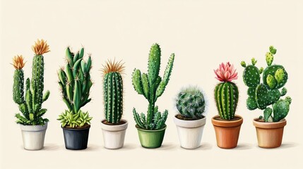 Botanical Cactus Guide, an informative poster showcasing various cactus species, including their names and essential care tips for plant enthusiasts and gardeners.