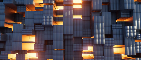 3d render illustration A close up of a building made of blocks with a warm orange glow