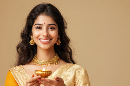 young indian woman holding oil lamp on diwali festival