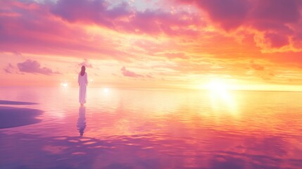 Fototapeta premium A serene figure stands in water at sunset, reflecting tranquility and beauty.