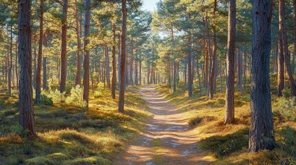 Obraz premium Serene Hiking Path in Pine Forest, a tranquil trail meandering through tall pines, beckoning adventurers to explore its lush surroundings and embrace nature's beauty.