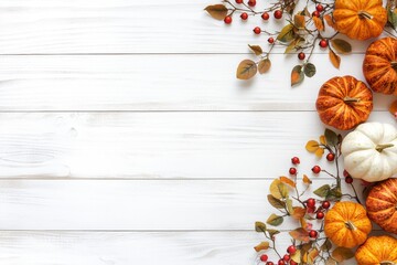 White wood background with pumpkins, berries, and autumn leaves, fall decor
