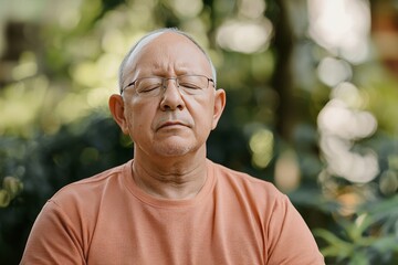 A senior practicing mindfulness meditation in a serene setting. The practice promotes mental clarity and peace