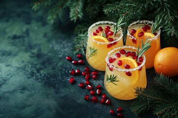 Christmas drinks with cranberries, oranges, and pine branches, festive setting
