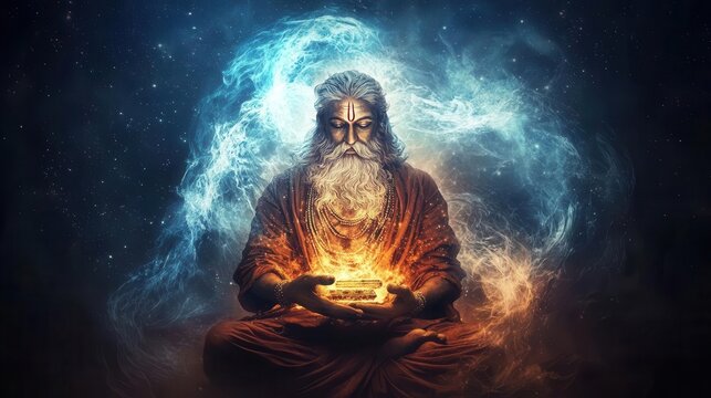 Brahma holding the Vedas, surrounded by swirling cosmic energy, symbolizing divine knowledge and the power of creation