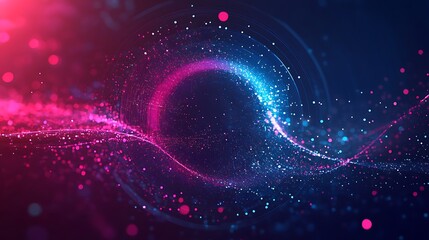 Fototapeta premium Abstract blue and pink glowing particles swirling in a dark background.