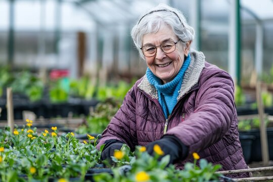 A senior taking part in a gardening club. The hands-on activity promotes physical movement and social interaction