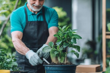 An elderly couple gardening together in their backyard. The fresh air and activity keep them fit and happy