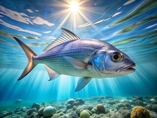 Fototapeta premium A beautiful silver ribbon fish swims gracefully in the brilliant blue ocean, dancing under the warm sunlight,