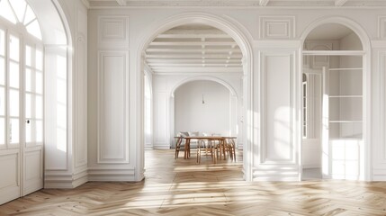 Dining Rooms in Vintage Style Loft Living Interior with Minimal White Design