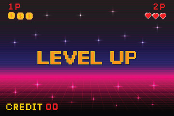  level up pink.Pixel art background.8 bit game. retro game. for game assets in vector illustrations. Retro Futurism Sci-Fi Background. glowing neon grid. and stars from vintagsynwap table1 
