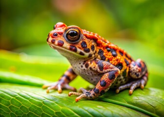 Obraz premium A close encounter with a baby toad on a leaf reveals its exquisite patterns and colors, highlighting the