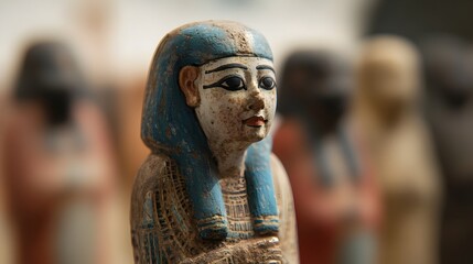 Close up of an intricately carved shabti figurine a funerary statuette used in ancient Egyptian tombs to serve the deceased in the afterlife