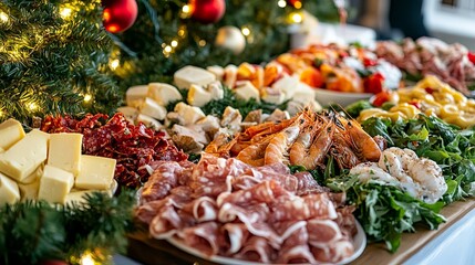 A festive spread of assorted meats, cheeses, and seafood arranged beautifully for a holiday...