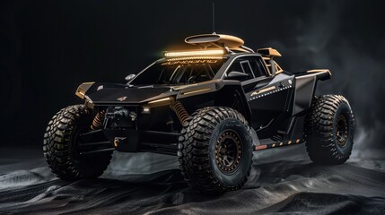 Car with a black background, an extreme high-performance vehicle. Powerful car with gold details, designed for fast transport.