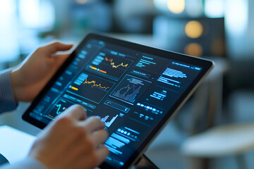 "Professional Analyzing Data on Tablet in Modern Workspace"