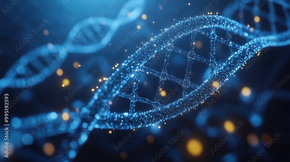 Wall mural a 3d rendering of a dna strand against a blue background, made up of glowing points connected by lin