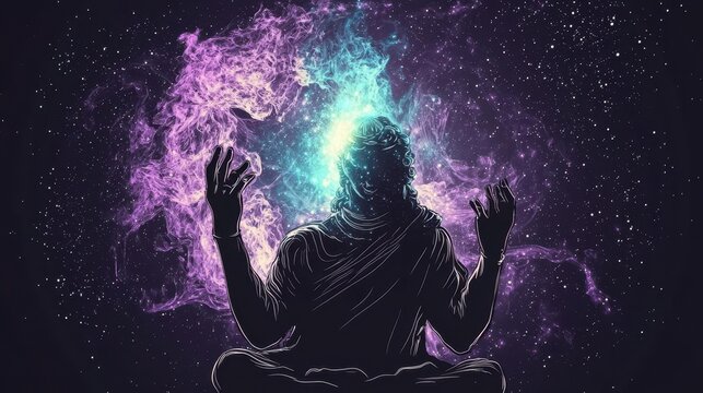 Fourarmed Brahma holding the Vedas, surrounded by swirling cosmic energy, symbolizing divine creation and knowledge