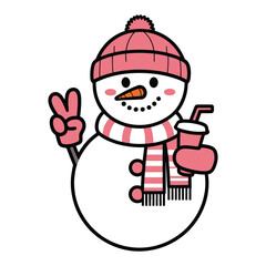 Cute Snowman with Pink Hat and Scarf Holding a Drink Illustration