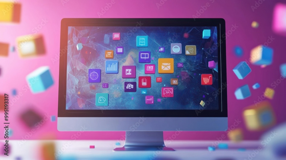 Poster a computer monitor with colorful icons on a colorful background.