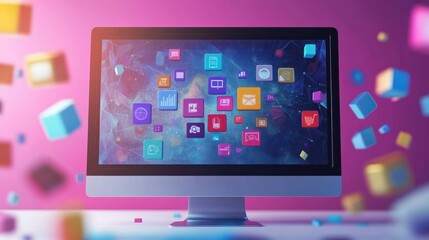 A computer monitor with colorful icons on a colorful background.