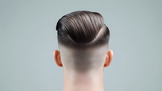 A 360 degree view showcasing a slicked back hairstyle with faded sides creating a sleek and sophisticated look for the modern gentleman  The front is combed back