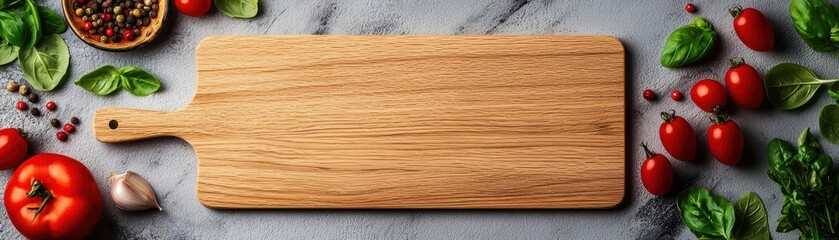 Naklejka premium Wooden cutting board surrounded by fresh vegetables and herbs, white isolate background.