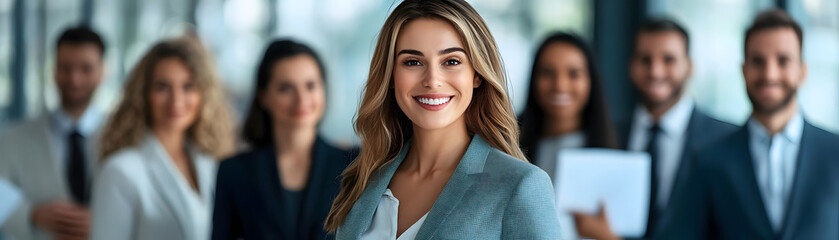 "Confident Businesswoman in Front of Diverse Team in Modern Office"